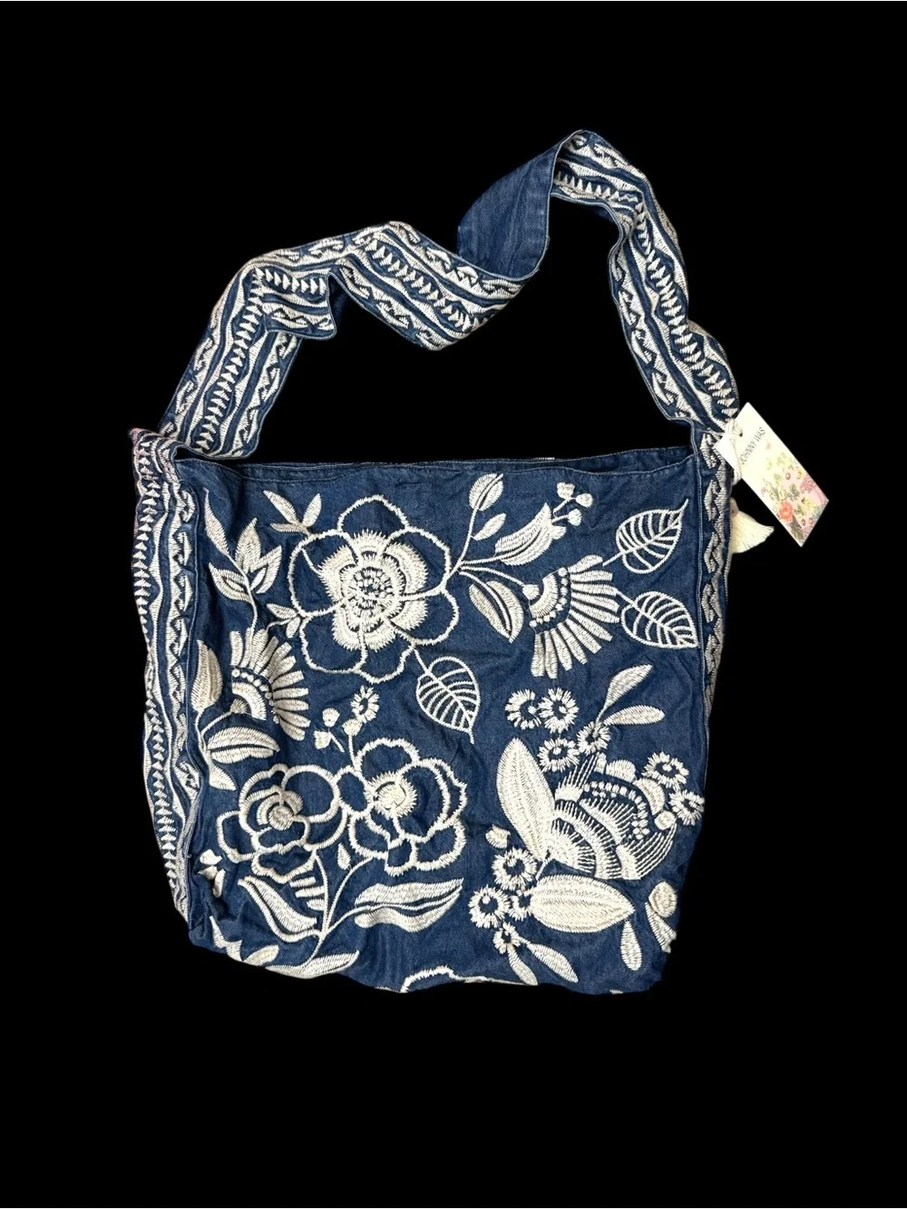 NWT Johnny Was Denim Embroidered Lucinda Wide Strap Slouchy Hobo Tote Bag $268